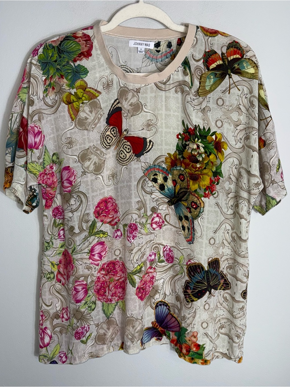 Johnny Was 100% Silk Short Sleeve Top Blouse-Butterfly Floral Print-Small